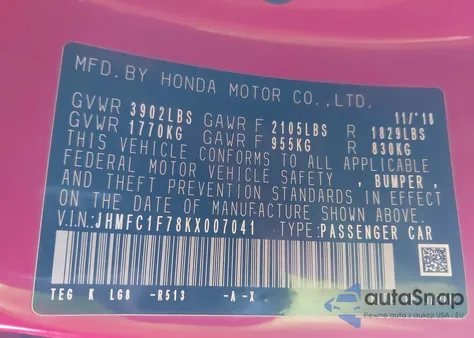 2019 Honda Civic Ex-L z USA, uszkodzony, nr VIN JHMFC1F78KX007041